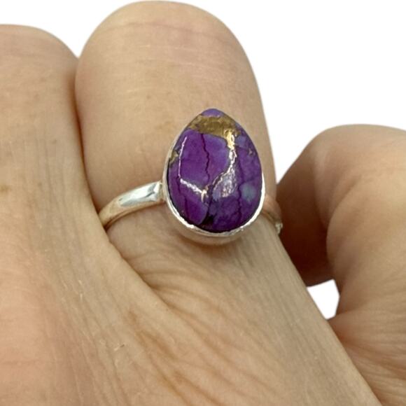Pear Cut Purple Copper Turquoise Ring Solid 925 Sterling Silver US Size 6 - Picture 7 of 7